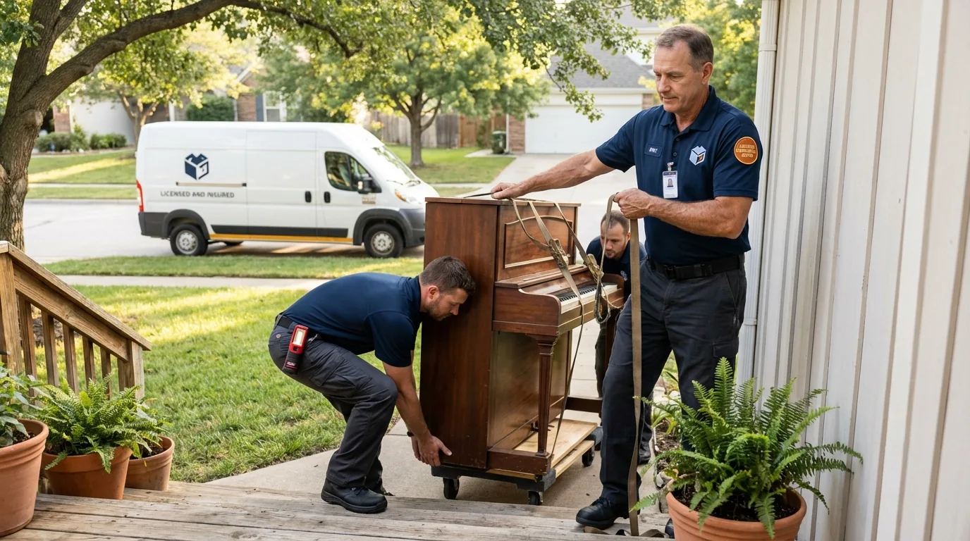 Licensed piano movers securing grand piano in Bainbridge, PA